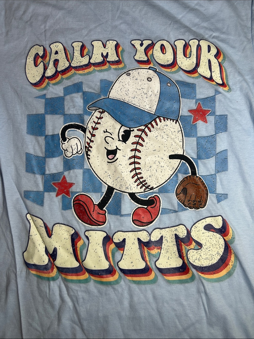 Calm Your Mitts Blue Vintage-Style Baseball Graphic Tee